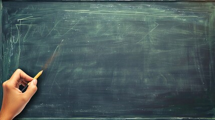 Person writing with chalk on an empty blackboard
 - obrazy, fototapety, plakaty