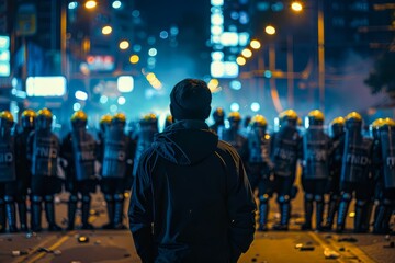 A lone figure stands facing a line of riot police illuminated by street lights