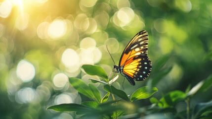 Fototapeta na wymiar Butterfly in flight in blooming nature.