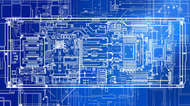 overhead view of a modern, detailed, realistic multi core processor architecture blueprint