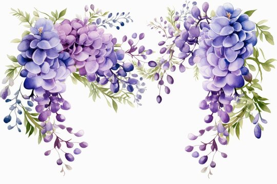 recommend clip art: watercolor of wisteria clipart with cascading purple blooms. flowers frame, botanical border, wisteria flowers on an isolated white background, watercolor illustration, botanical painting.