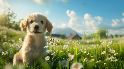 A puppy sits on a lawn with chamomile on a sunny day
