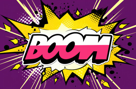 Naklejki BOOM !! Pop art funny comic speech word. Fashionable poster and banner. Social Media Connecting Blog Communication Content. Trendy and fashion color retro vintage and grunge illustration background.