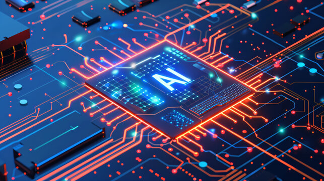 3d view of an ai processor with glowing lights and city like architecture 
