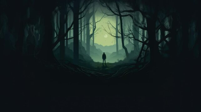 lonely lost person in dark forest landscape illustration