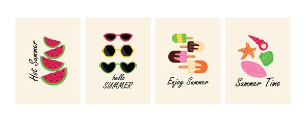Set of summer posters with watermelon, sunglasses, ice cream, seashells, Hot Summer, Enjoy Summer