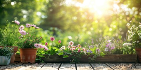 Gardening Concept. Garden Flowers and Plants on a Sunny Background