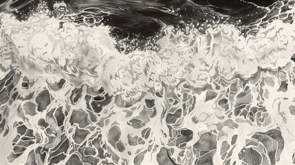 The image is a drawing of a wave crashing on a rocky shore. AI.