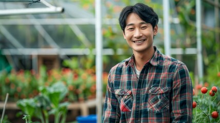 A smiling man in a plaid shirt standing in a greenhouse with tomato plants