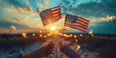 Usa Celebration With Hands Holding Sparklers And American Flag At Sunset With Fireworks - Powered by Adobe