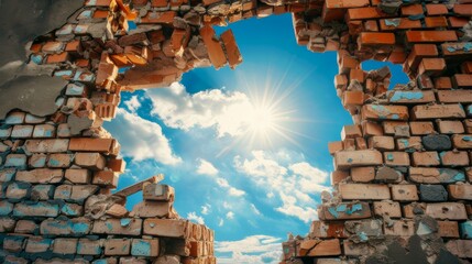 The gap in a destroyed brick wall showing the sky and sun shining through

 - obrazy, fototapety, plakaty