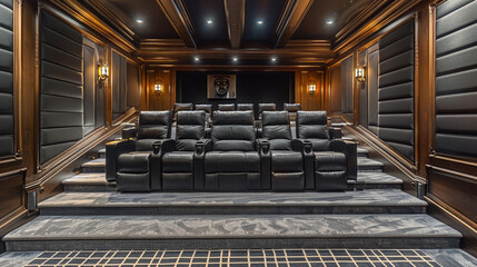 Obraz premium An elegant home theater boasting plush black leather recliners arranged in tiered rows, complemented by acoustic wall panels and a large projection screen,