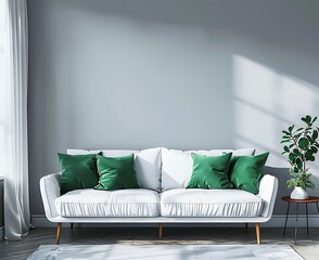 White sofa with green pillows near window and coffee table against grey wall in modern living room interior, 3D rendering