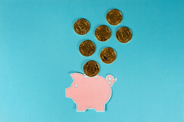 Putting Golden Cryptocurrency bitcoin in a cute piggy bank, business and finance concept.