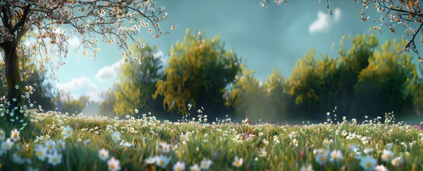 Selbstklebende Fototapeten Beautiful spring or summer natural background, landscape with young lush green grass with blooming dandelions on the background of trees in the garden, green field, banner, web banner, wide background © Daisy