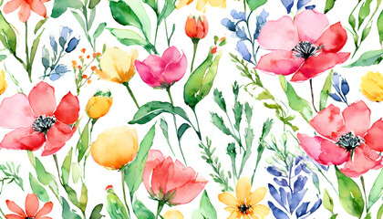 Seasonal flowers on white background, colorful watercolor illustration. AI generative