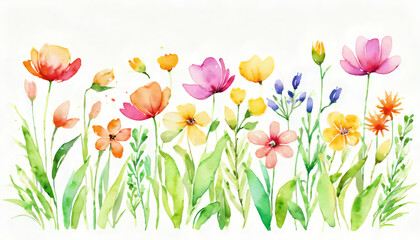 Watercolor illustration.  Spring flowers background with a copy space. AI generative