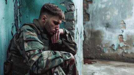 Young military man resting against a worn wall with a contemplative expression - obrazy, fototapety, plakaty