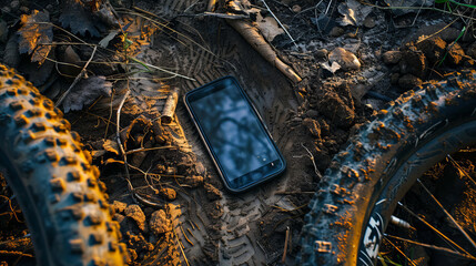 Overhead view of mobile phone that is lying down flat on dirt mountain bike path with tire treads - obrazy, fototapety, plakaty