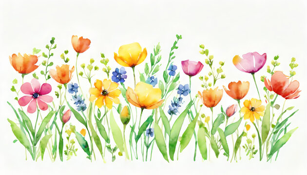 Watercolor illustration.  Spring flowers background with a copy space. AI generative