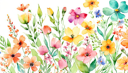 Seasonal flowers on white background, colorful watercolor illustration. AI generative