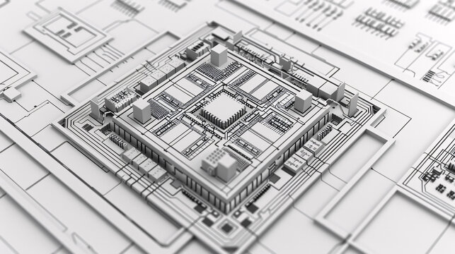 3d view of an ai processor with glowing lights and city like architecture 