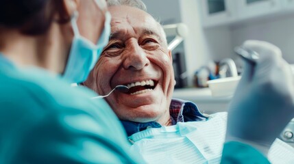 Elderly patient laughing with a dentist during a dental check-up - obrazy, fototapety, plakaty