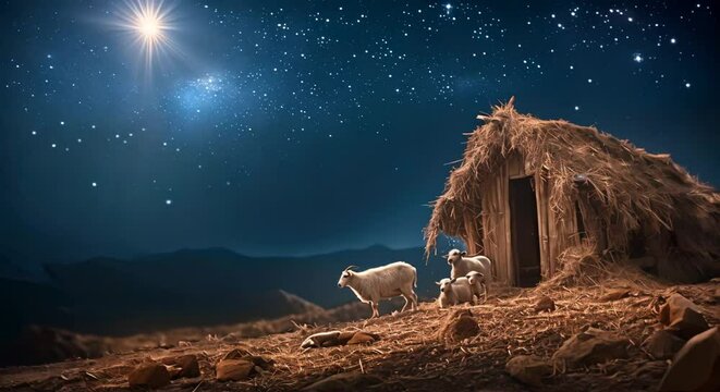 Shepherds And Goat Gaze At Bethlehem Star In Desert Darkness