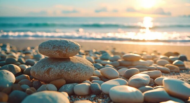 Serene Beach Setting With Smooth Stones Scattered Along The Shoreline, Peaceful Escape
