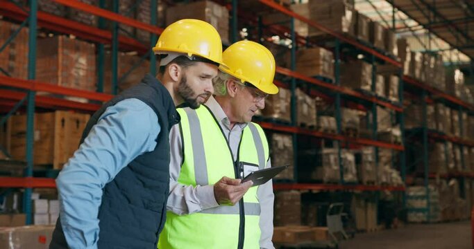 Senior manager, tablet and men in warehouse for stock inspection, digital checklist and distribution software. Inventory management, logistics and mentor with tech for quality assurance of cargo