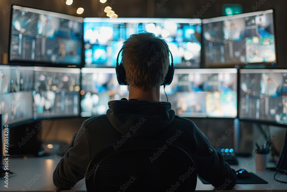 Poster programmer looking at monitors