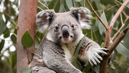 A Koala Sitting In A Eucalyptus Tree Munching On