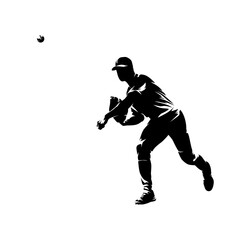 Baseball player throwing ball, isolated vector silhouette, front view