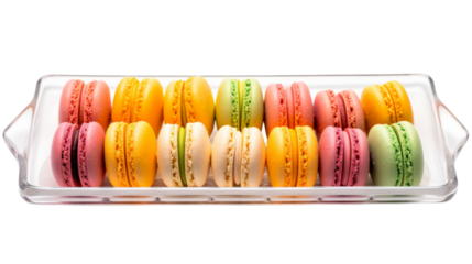 A vibrant assortment of colorful macaroons fills a decorative tray, offering a feast for the eyes