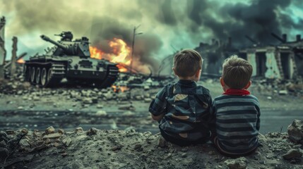 Two young boys sitting on rubble watching a tank amidst destruction