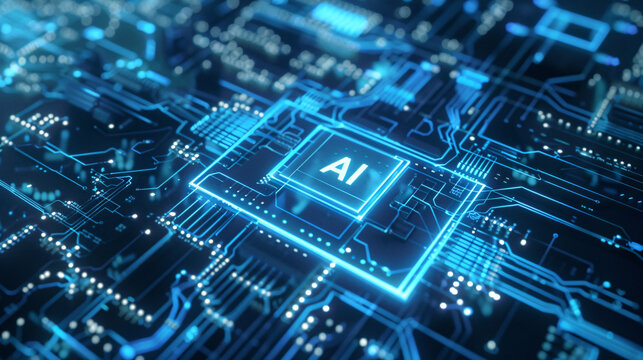 3d view of an ai processor with glowing lights and city like architecture 
