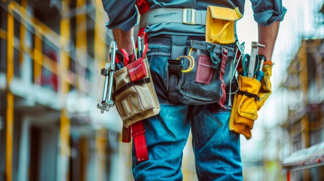 Construction worker with a tool belt filled with various tools
