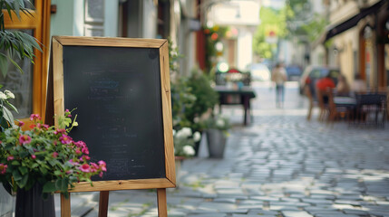 Signboard on the street. Empty menu board stand. Restaurant sidewalk chalkboard