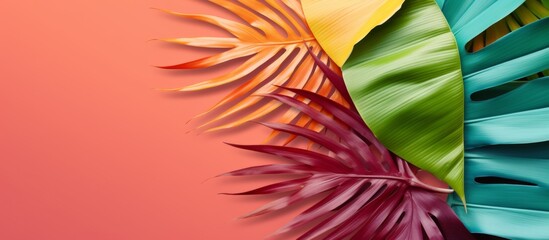 Vibrant and eye-catching close-up of a colorful tropical leaf set against a soft pink backdrop, showcasing its intricate details and beautiful hues