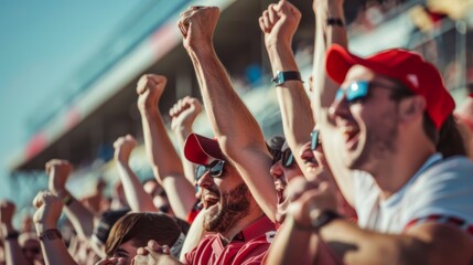 Group of sports fans cheering excitedly in a stadium - obrazy, fototapety, plakaty