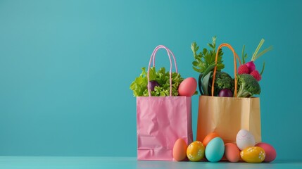 Pink and orange fabric bags brimming with Easter delights and spring vegetables against a calming blue background, capturing the freshness of the season