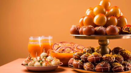 Obraz na płótnie Canvas Luxurious display of Holi sweets and Thandai, creating a warm celebration atmosphere with layered traditional treats on an orange gradient
