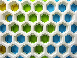 The design of a series of interlocking hexagons in a spectrum of electric blues and greens. Generative AI