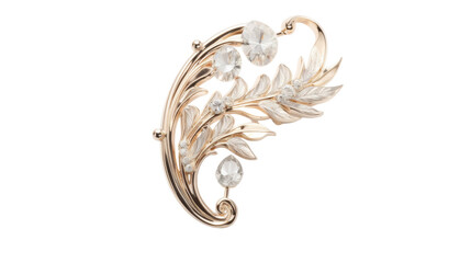 A gold brooch featuring delicate white flowers and leaves