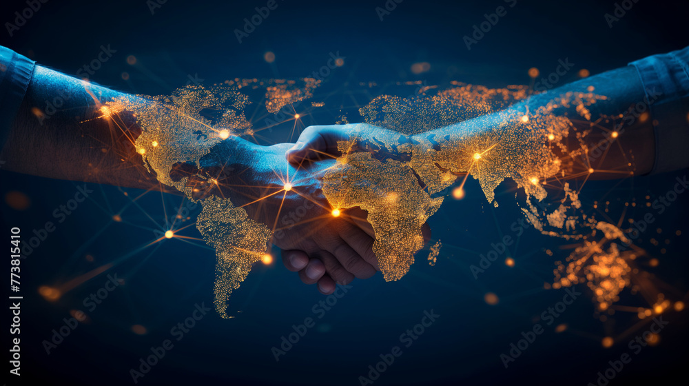 Poster business man handshake with effect global world map network link connection and graph chart of stock