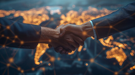 business man handshake with effect global world map network link connection and graph chart of stock market graphic diagram, digital technology, internet communication, teamwork, partnership concept. - obrazy, fototapety, plakaty