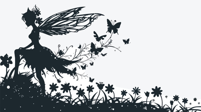 Silhouette of fairy in flower flat vector isolated on