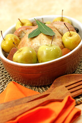 Baked chicken with apples and cider.