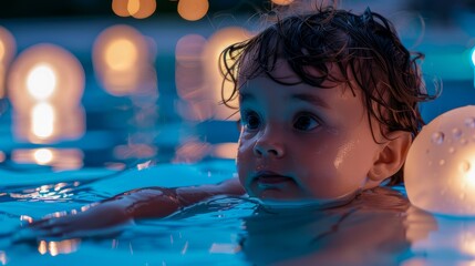 Infant with wet hair in a pool at night, surrounded by floating light orbs and a dreamlike atmosphere