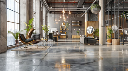 A breathtaking 3D visualization of a modern office interior in loft style, featuring polished...